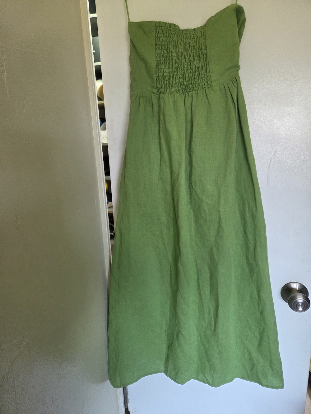 Lost + Wander Linen Strapless Green Midi Dress with Side Slit - Picture 3 of 5